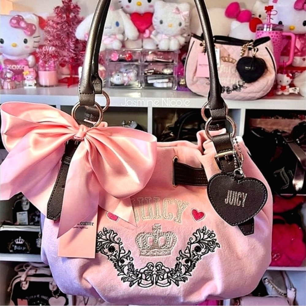 Juicy Couture Pink Velvet Tote with Brown Handles & Heart Charm